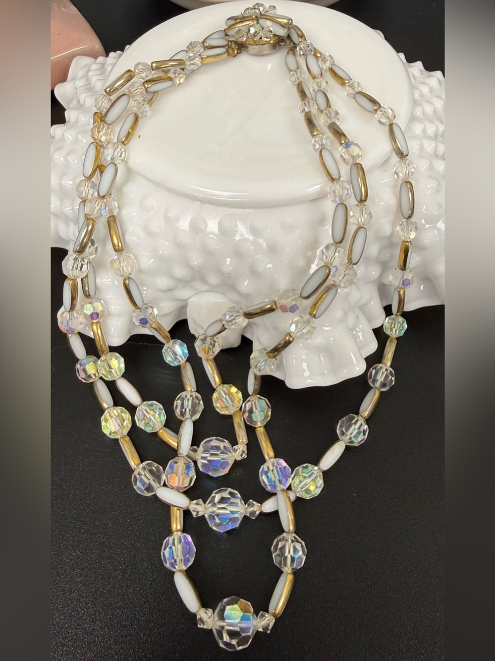 Vintage Aurora Crystal & Gold and Milk-glass Beads Multi-Strand Necklace